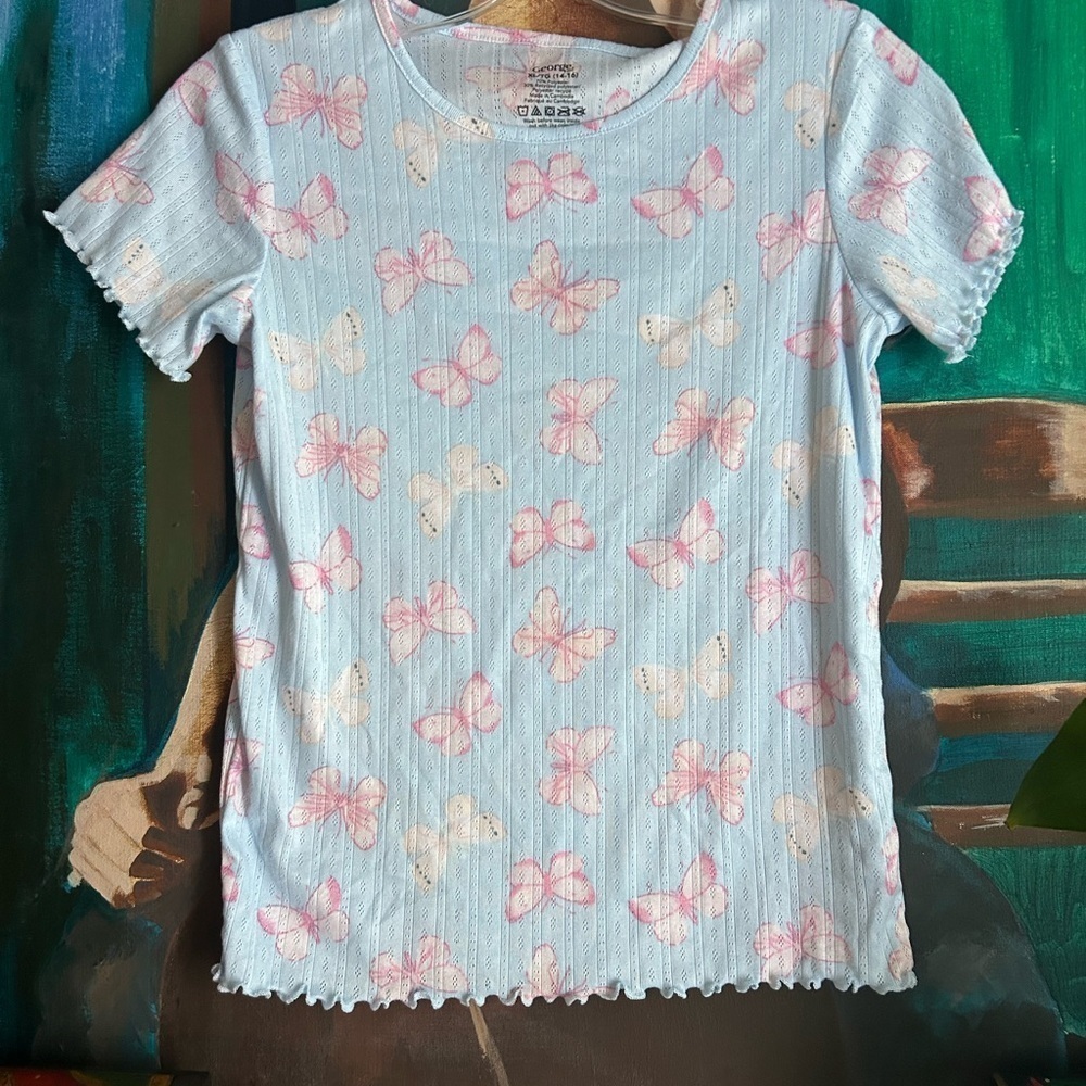 George Blue Butterfly Ribbed Baby Tee Women’s XS Y2K